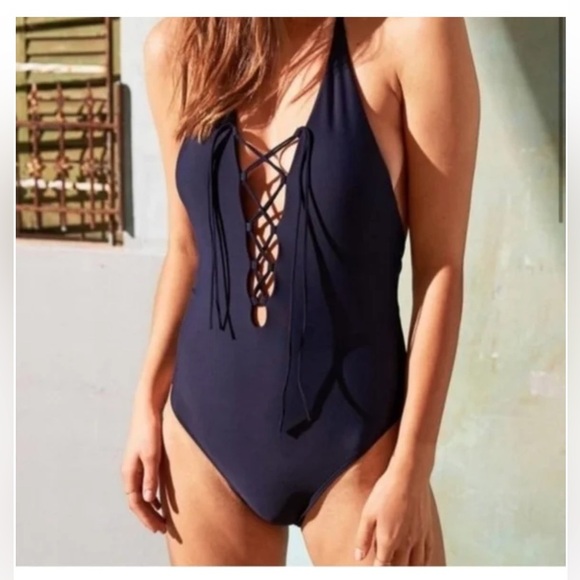Aerie Maillot De Bain Navy Lace Up Deep Plunge Front One Piece size M - Picture 3 of 13